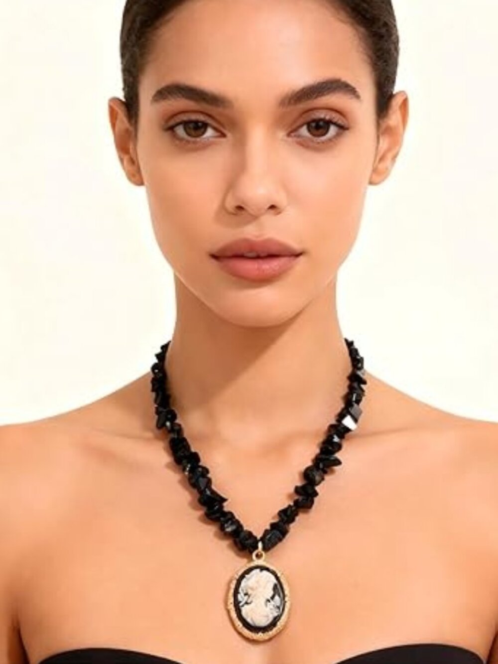 Black Beaded Necklace Victorian Cameo Lady Chunky Statement Boho‎